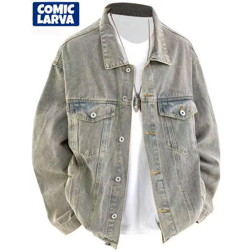 美式復古做舊水洗牛仔外套男春秋季寬鬆工裝高街黃泥潮流百搭夾克