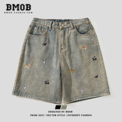 BMOB美式復古趣味小狗刺綉牛仔短褲男女夏季寬鬆直筒濶腿五分褲潮