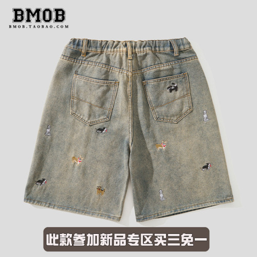BMOB美式復古趣味小狗刺綉牛仔短褲男女夏季寬鬆直筒濶腿五分褲潮