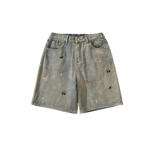 BMOB美式復古趣味小狗刺綉牛仔短褲男女夏季寬鬆直筒濶腿五分褲潮