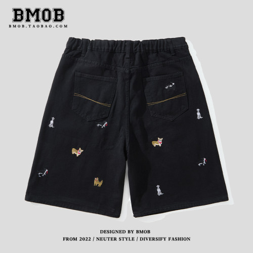 BMOB美式復古趣味小狗刺綉牛仔短褲男女夏季寬鬆直筒濶腿五分褲潮