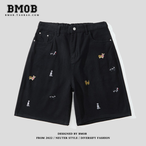 BMOB美式復古趣味小狗刺綉牛仔短褲男女夏季寬鬆直筒濶腿五分褲潮