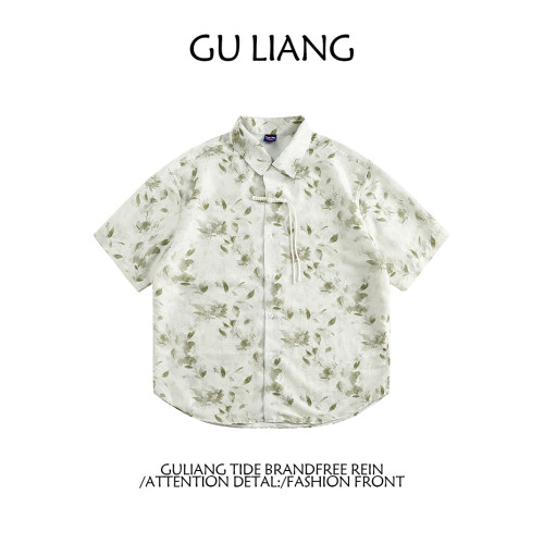 GU LIANG「設計師品牌」/男女同款/國風新中式水墨盤釦短袖襯衫潮