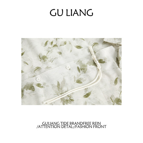 GU LIANG「設計師品牌」/男女同款/國風新中式水墨盤釦短袖襯衫潮