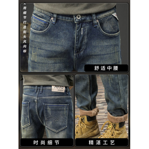 冬季加絨加厚2025新款高級男士牛仔褲修身彈力男款小腳褲秋冬褲子