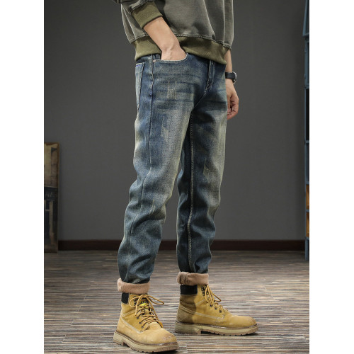 冬季加絨加厚2025新款高級男士牛仔褲修身彈力男款小腳褲秋冬褲子