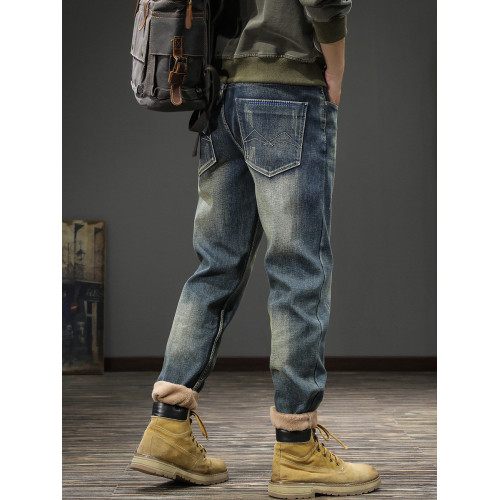 冬季加絨加厚2025新款高級男士牛仔褲修身彈力男款小腳褲秋冬褲子