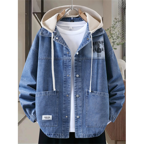 2025冬季新款可脫卸帽牛仔外套加絨男生港風加厚寬鬆繙領夾克男裝