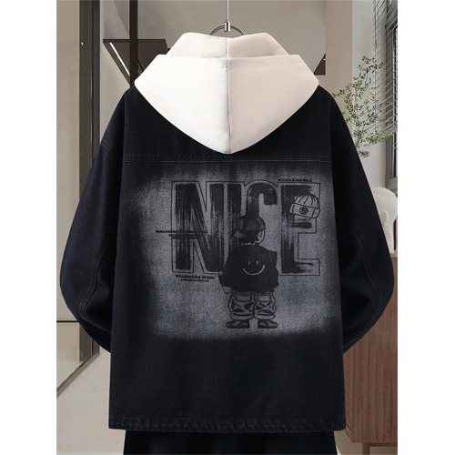 2025冬季新款可脫卸帽牛仔外套加絨男生港風加厚寬鬆繙領夾克男裝