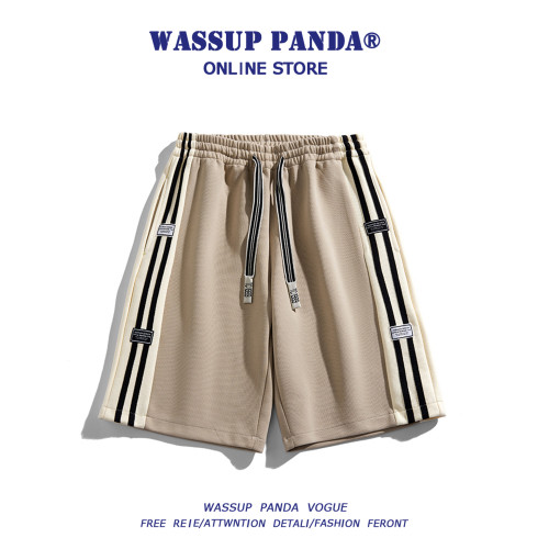 WASSUP PANDA美式撞色條紋運動短褲男夏季潮牌薄款寬鬆休閒五分褲