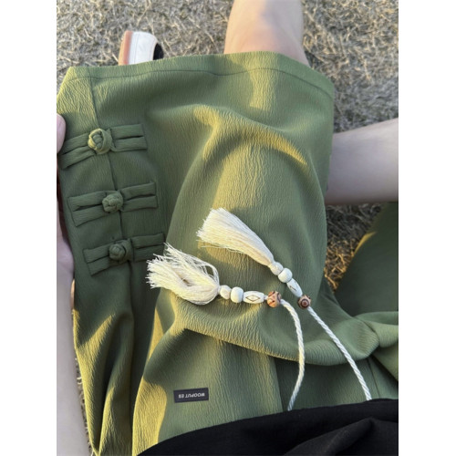 新中式國風軍綠色盤釦短褲男士夏季薄款冰絲國潮五分褲子休閒大碼