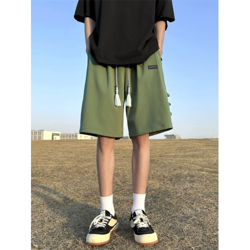 新中式國風軍綠色盤釦短褲男士夏季薄款冰絲國潮五分褲子休閒大碼