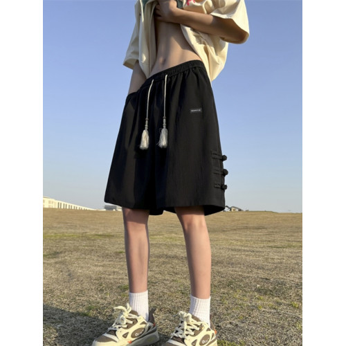 新中式國風軍綠色盤釦短褲男士夏季薄款冰絲國潮五分褲子休閒大碼