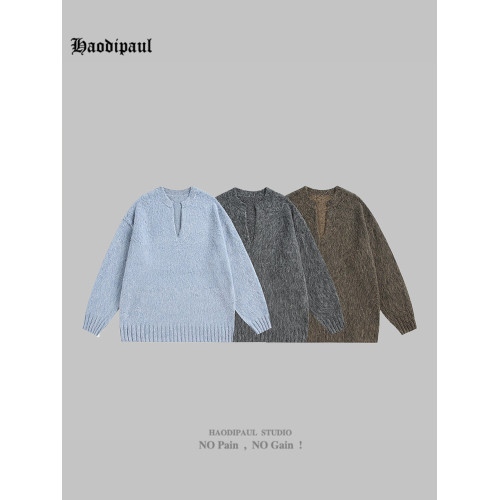 HAODIPAUL美式潮牌V領軟糯馬海毛氛圍感百搭套頭毛衣針織衫男女