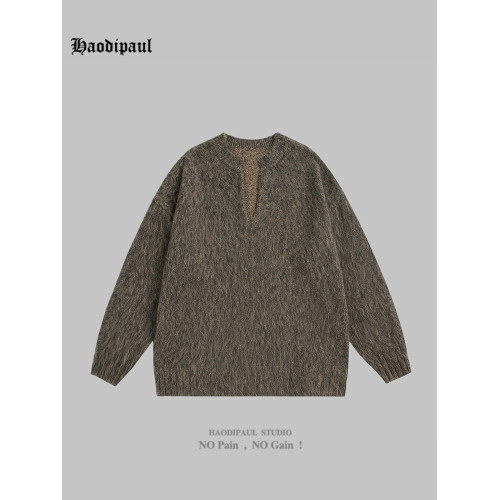 HAODIPAUL美式潮牌V領軟糯馬海毛氛圍感百搭套頭毛衣針織衫男女