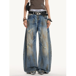 0123start 美式髒髒破洞牛仔褲男女寬鬆復古水洗做舊彎刀濶腿褲