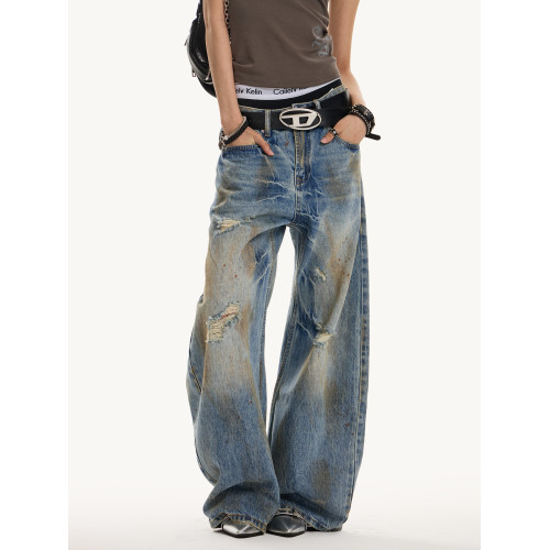 0123start 美式髒髒破洞牛仔褲男女寬鬆復古水洗做舊彎刀濶腿褲