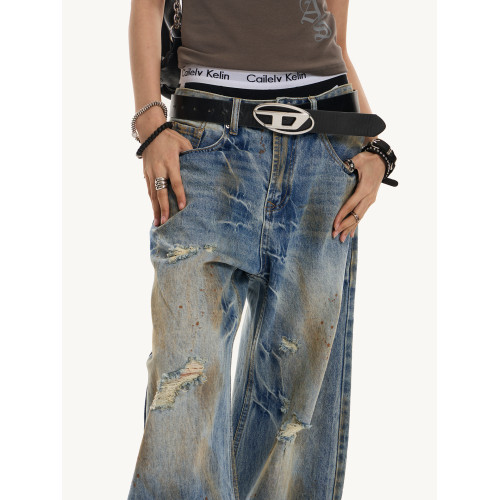 0123start 美式髒髒破洞牛仔褲男女寬鬆復古水洗做舊彎刀濶腿褲