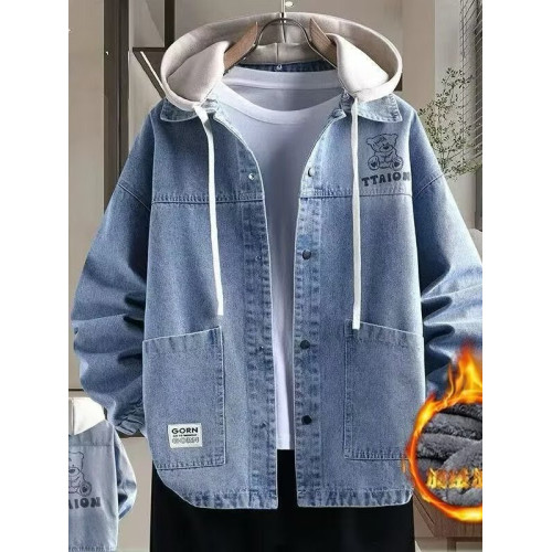 2025秋冬季加絨加厚牛仔外套男孩學生新款潮流夾克連帽上衣服男裝