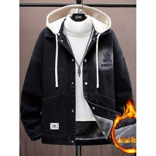 2025秋冬季加絨加厚牛仔外套男孩學生新款潮流夾克連帽上衣服男裝