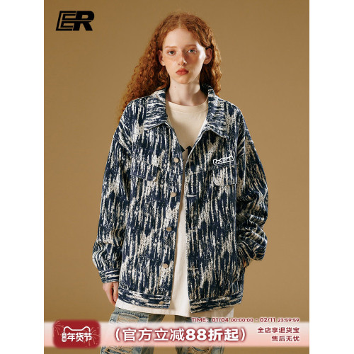 ER滿印提花牛仔夾克男2026秋季潮牌重工美式復古情侶裝外套