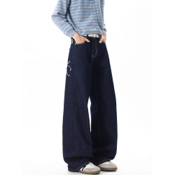 悟空有貨潮牌美式刺綉丹甯直筒牛仔褲男復古寬鬆潮流百搭濶腿長褲