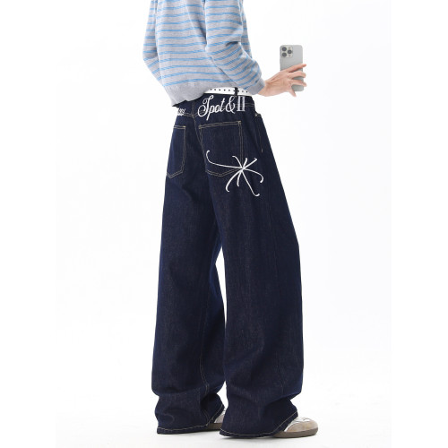 悟空有貨潮牌美式刺綉丹甯直筒牛仔褲男復古寬鬆潮流百搭濶腿長褲