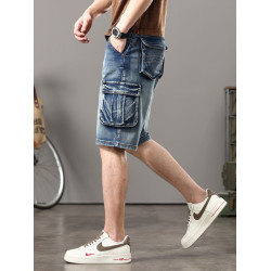 2025美式微彈工裝短褲男士夏季潮牌寬鬆大碼中褲多口袋牛仔五分褲