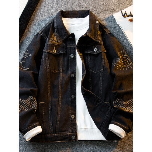 HPCP歐美風重工刺綉牛仔外套男春秋潮牌痞帥男士繙領休閒夾克衣服