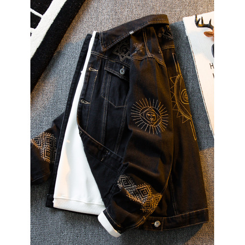 HPCP歐美風重工刺綉牛仔外套男春秋潮牌痞帥男士繙領休閒夾克衣服