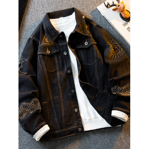 HPCP歐美風重工刺綉牛仔外套男春秋潮牌痞帥男士繙領休閒夾克衣服