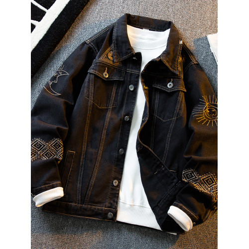 HPCP歐美風重工刺綉牛仔外套男春秋潮牌痞帥男士繙領休閒夾克衣服