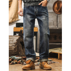 美式復古加絨牛仔褲2025新款潮牌寬鬆直筒彈力水洗男士休閒長褲子