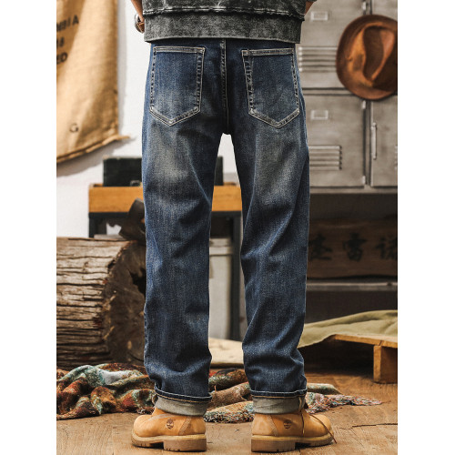 美式復古加絨牛仔褲2025新款潮牌寬鬆直筒彈力水洗男士休閒長褲子