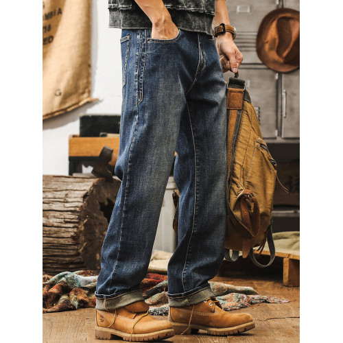 美式復古加絨牛仔褲2025新款潮牌寬鬆直筒彈力水洗男士休閒長褲子