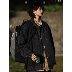 Nobodyknows日系黑色水洗復古工裝寬鬆牛仔夾克男女休閒百搭外套