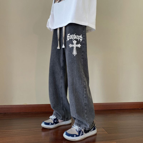 新款牛仔褲男春秋夏款青少年高街潮流寬鬆直筒痞帥休閒牛仔長褲男