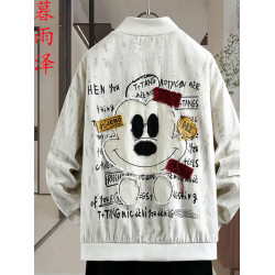 白色立領牛仔夾克男棒球領卡通刺綉青少年學生2026春季高品質外套