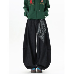 美式可拆卸方巾牛仔褲男女冬季高街潮牌彎刀褲子復古寬鬆濶腿長褲