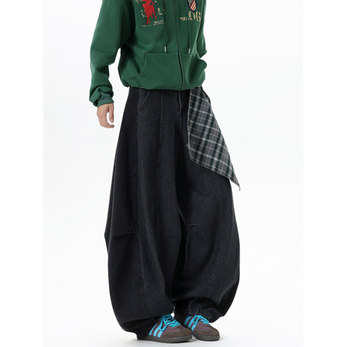 美式可拆卸方巾牛仔褲男女冬季高街潮牌彎刀褲子復古寬鬆濶腿長褲