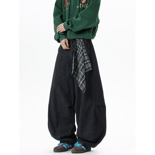 美式可拆卸方巾牛仔褲男女冬季高街潮牌彎刀褲子復古寬鬆濶腿長褲