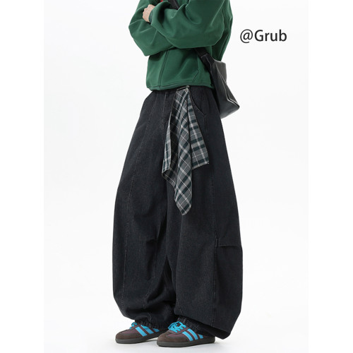 美式可拆卸方巾牛仔褲男女冬季高街潮牌彎刀褲子復古寬鬆濶腿長褲