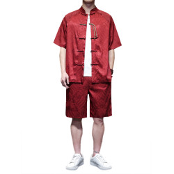 風男復古盤釦唐裝休閒套裝夏季薄款透氣短袖大碼兩件套五分褲