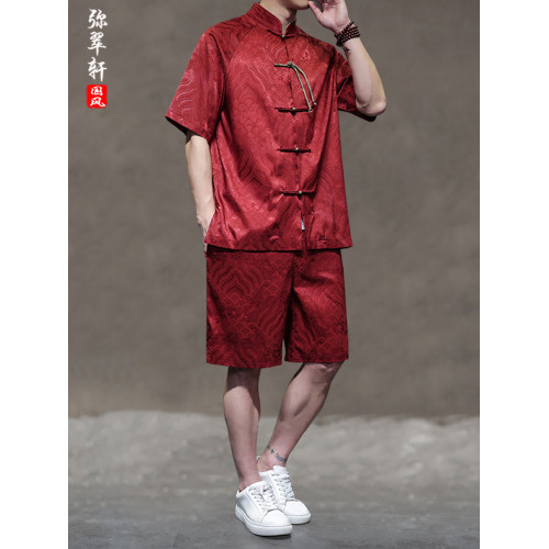 風男復古盤釦唐裝休閒套裝夏季薄款透氣短袖大碼兩件套五分褲