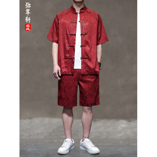 風男復古盤釦唐裝休閒套裝夏季薄款透氣短袖大碼兩件套五分褲