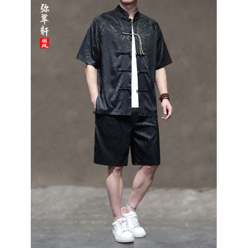 風男復古盤釦唐裝休閒套裝夏季薄款透氣短袖大碼兩件套五分褲