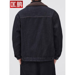 高級羊羔絨牛仔外套男秋冬新款工裝毛領棉衣美式加絨男士加厚夾克