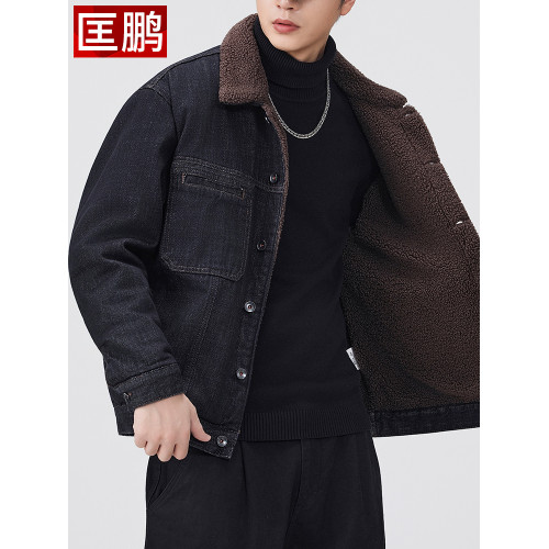 高級羊羔絨牛仔外套男秋冬新款工裝毛領棉衣美式加絨男士加厚夾克