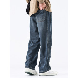 驚浪天絲牛仔褲男士直筒寬鬆大碼胖子加大休閒褲子秋冬新款加絨褲