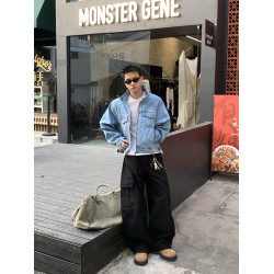 PLTH*美式復古分割解搆短款拉鍊牛仔夾克cleanfit重磅機車外套男